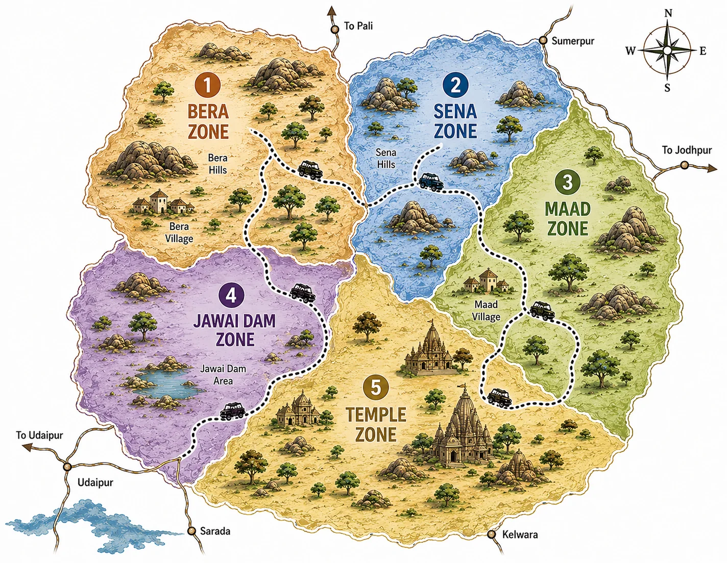 Illustrated map of the Bera, Sena, Maad, Jawai Dam and Temple areas